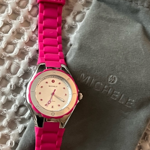 MICHELE Women Jelly Bean Stainless Steel Quartz Watch with Silicone Strap, Pink - Picture 3 of 10